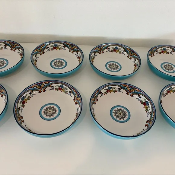 Euro Ceramic Zanzibar Pasta Bowls Set of Eight Spanish Style Floral Stoneware - Picture 7 of 8